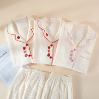 Nouvel ensemble de pyjama femme Printemps/Été 2026 en crêpe 100 % coton, haut à manches longues et col brodé, ensemble de vêtements d'intérieur