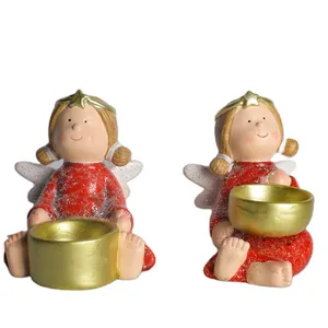 Ceramic Sitting Little Angel Statue Tealight Candle Holder Golden with White Wing Tea Light Holder 10.5*9.5*11.5cm