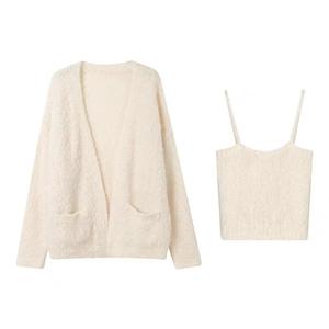 2024 Frühling Frauen Neuankömmling V-Ausschnitt Langarm Open Chest Solid Cardigan Mit Crop Short Tops Sweater Set - Product Image 5