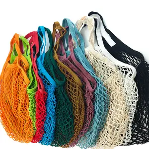 customized logo tag colorful net Crocheted recyclable Shopping Cotton Mesh Grocery Tote Bag for vegetables