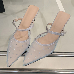 2025 New Summer Outdoor Gauze Breathable Pointed High-<b>Heeled</b> Sandals <b>Closed</b> <b>Toe</b> High-<b>Heeled</b> Slippers Patent Leather Upper - Product Image 1