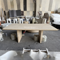 Table à manger en travertin beige Dream Home, table rectangulaire en marbre à coins arrondis, plateau en pierre massif, pieds en pierre pour maison moderne