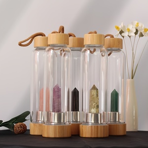 Wholesale Crystal Crafts Custom Logo Water Bottle Stainless Steel Bamboo Covered Glass Bottle Can Produce logo Printing