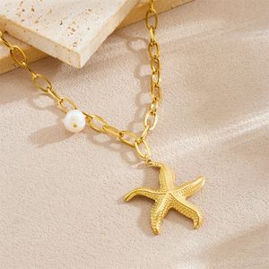 Gold Plated Starfish Pendant Necklace With Pearl Stainless Steel Chain Ocean Theme Fashion Jewelry Gift - Product Image 2
