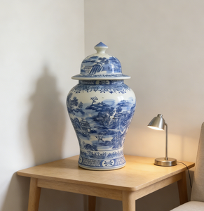 <span class=keywords><strong>Vaso</strong></span> da pavimento in ceramica grande, alto 60 <span class=keywords><strong>cm</strong></span>, blu e bianco, con coperchio, con decorazioni orientali di paesaggi. - Product Image 4