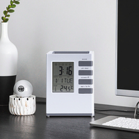Digitaler LCD-Bildschirm Temperaturanzeige Tischuhr Stifthalter Kalender Schlummerfunktion Schreibtisch-Organizer Büro Geschenk