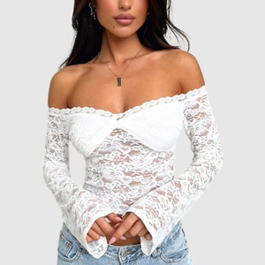 Nouvelle Collection Automne – Top Femme Sexy Transparent en Dentelle, Épaules Dénudées, Sans Col, Manches Longues – Tendance Mode - Product Image 2