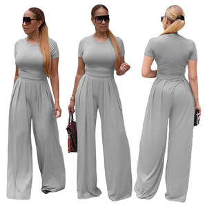 Nuovo abbigliamento da donna Casual <span class=keywords><strong>a</strong></span> maniche corte Top <span class=keywords><strong>a</strong></span> due pezzi completo completo pantaloni lunghi Plus Size solido 2 pezzi pantaloni da donna - Product Image 3