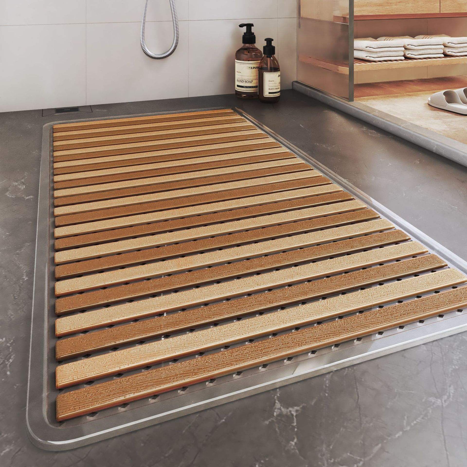 แผ่นรองอาบน้ำลายไม้ - สีเบจ