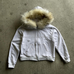 Wholesale Custom Blank Solid Heavyweight Cotton Zip Up Hoody Boxy Distressed Faux <strong>Fur</strong> Hood <strong>Cropped</strong> Hoodies For Men