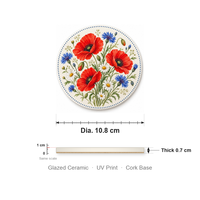 Sous-verre en céramique rond de 10,8 cm, motif coquelicot sauvage, impression UV émaillée, base en liège, pour table basse, décoration intérieure, cadeau