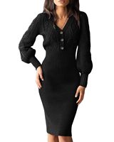 Robe pull à manches longues lanterne col V jupe mi-longue en tricot côtelé