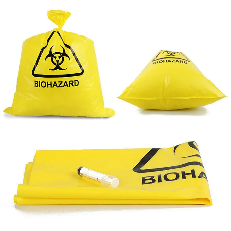 Yellow Disposable Plastic 30L Biohazard Garabge Bags Flat Pocket Medical Waste Trash Bags For Bio Hazardous Waste
