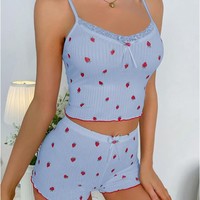 Nouvel ensemble de pyjama deux pièces pour femme en spandex/polyester imprimé floral, style décontracté, sexy, pour la maison