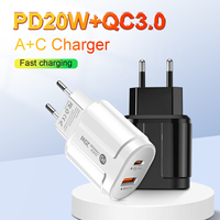 Chargeur rapide 2 ports USB-C vers Type-A QC3.0 PD 20W pour ordinateur portable et téléphone portable, adaptateur de voyage électrique