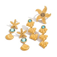 Boucles d'oreilles en acier inoxydable plaqué or 18 carats style océan avec étoile de mer bleue transparente en verre taillé Ensemble de bagues étoile de mer