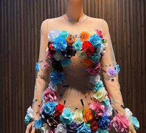 Vestido de Noche Formal Estilo Sirena con Flores 3D de Seda Hechas a Mano y Mangas Regulares - Product Image 1