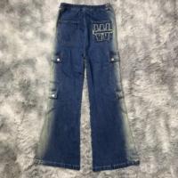 DENIMGUYS Pantalon en jean dégradé Hip Hop pour homme, coupe bootcut, avec cordon de serrage, multi-poches, ample, jambe large évasée
