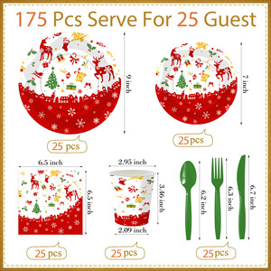 Christmas <b>Disposable</b> Tableware Set Paper <b>Plates</b> Cups Napkins Reindeer Snowflake Design Party Supplies Kit - Product Image 2