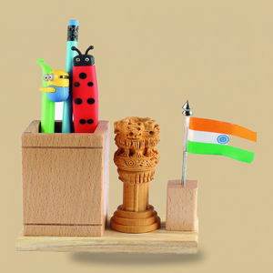 Wooden Desk Organizer Pen Holder with Mini Flag <b>Office</b> <b>Gift</b> Set Custom Corporate Giveaway - Product Image 1