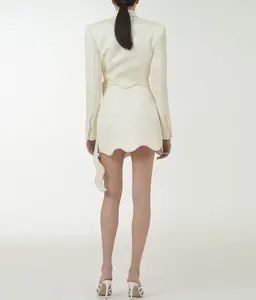 OEM Customized Women Asymmetric Ruffle Beading Crop Blazer High Quality Waving Hem Mini Skirts Suit Set
