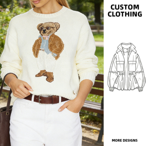 <span class=keywords><strong>Pull</strong></span> en tricot blanc pour <span class=keywords><strong>femme</strong></span> avec logo personnalisé et motif ours en peluche, style preppy, fabricant de vêtements OEM ODM - Product Image 1