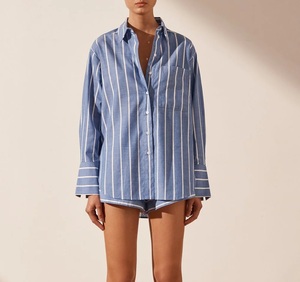 Vêtements pour femmes en coton biologique 100% personnalisés, tenue décontractée ample 2 pièces à rayures pour les vêtements de salon avec décoration de boutons - Product Image 3