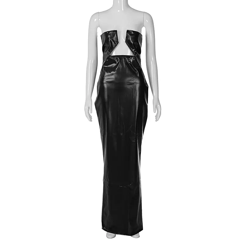 Strapless Leather Long Dress Hollow Out Clubwear Bodycon 2023 Summer Fashion Pu Dresses