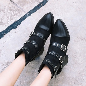 Bottines à talon épais pour femmes, bottes courtes à bout pointu, avec sangle à boucle, escarpins d'hiver - Product Image 6