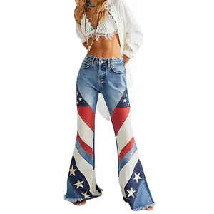 Custom פטריוטית בנות ג 'ינס אבוקה 4th של יולי האמריקאי דגל הדפסת גלם לחתוך התלקחות רגל נשים של ג' ינס