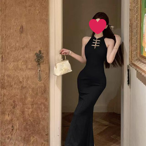 Traditional Chinese Cheongsam Dress Women Solid Color Fishtail Silhouette Party Wear Blue And Black - Product Image 2