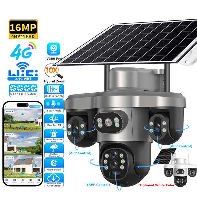 Hongnaer 16MP 8K V380 Pro Solar Powered WiFi 4G Security Camera With 3 PTZ 3 Screens 4 Lens 10X Zoom for Outdoor Home and Farm