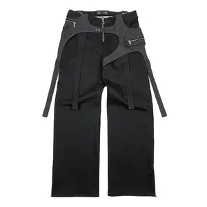 OEM-pantalones de pierna recta personalizados para hombre, ropa de calle con cremallera, Cinturón desmontable a la moda, pantalones Cargo informales