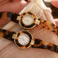Montre bracelet rétro en écaille de tortue BS FA1836 pour femmes, montre-bracelet à quartz pour femmes avec cadran à chiffres romains vintage