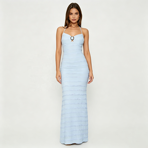 Women <b>Spaghetti</b> Strap Back‑Tie Maxi Dress O‑Ring Chest Cutout Textured Ruffle Bodycon Fishtail Party <b>Long</b> Dress - Product Image 1