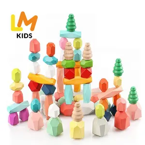 LM KIDS Stacking Wood Blocks Set Of 36 Pieces Montessori Wood Toy Balancing Blocks Sensory Toy Stacking Stones Gems Rocks