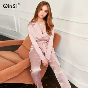 Großhandel rosa seide anzug frauen-QINSI Solid Homewear Casual Suit Sets Loose Long Sleeve Satin Women Pajamas Pants Red Female Sleepwear With Sashes 2 Piece Set