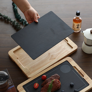 Japanese Style Stone Steak <b>Plate</b> Rectangle <b>Black</b> Slate Solid Wood Tray Durable Home Use Party Serving Board - Product Image 2