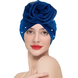 Wholesale women turban hat big flower head wear bright silk muslim hat Pearl Indian cap female head wrap turban for ladies