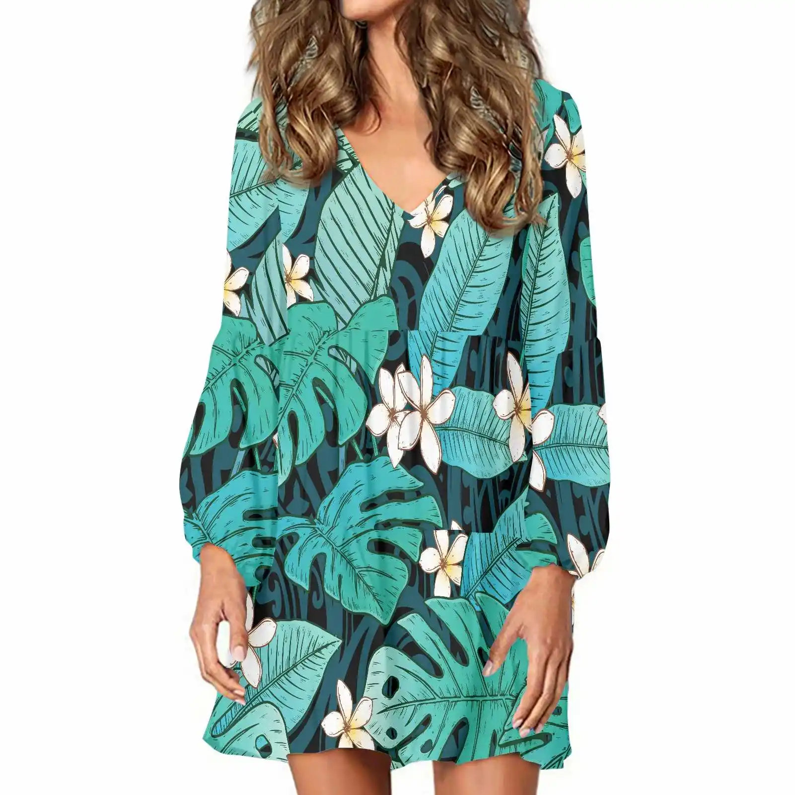 Ladies Dress Party Evening Polynesian Design With Leaf Flowers Tattoo Print Tunic Dresses Casual Loose Babydoll Mini Short Dress