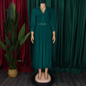 女性用カジュアルドレス女性用エレガント長袖Vネックプリーツマキシドレス女性用オフィス用ベルト付き - Product Image 4