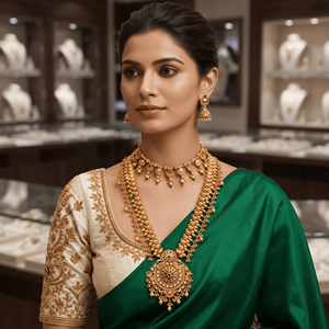 Parure de bijoux de mariée antique en cuivre plaqué or, collier long traditionnel type Haram et boucles d'oreilles Jhumka, pour mariage - Product Image 4