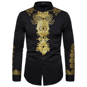 Nouvelle chemise africaine pour homme à manches longues, imprimé or métallisé, col mandarin, chemise traditionnelle ethnique pour festival, mariage, Dashiki - Product Image 3