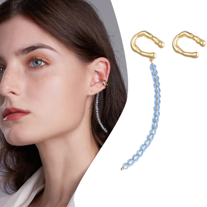 minimalist irregular Rhinestones beaded long tassel psj brass 18k gold plated Clip on Cuff Earrings for women girls