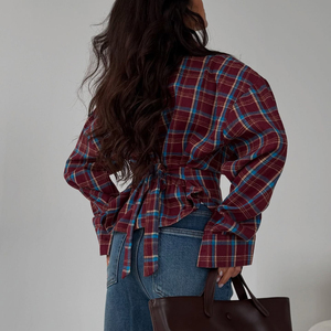 <span class=keywords><strong>Camicia</strong></span> <span class=keywords><strong>a</strong></span> <span class=keywords><strong>Quadri</strong></span> <span class=keywords><strong>Rossa</strong></span> e Blu in Poliestere e Cotone con Bottoni, Manica Lunga, Stile Vintage per <span class=keywords><strong>Donna</strong></span>, Nuova Tendenza Primavera 2026 - Product Image 3