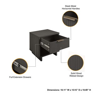 Nightstand In Charcoal Gray With <b>Drawer</b> And Open Shelf Storage For Bedroom Use - Product Image 4