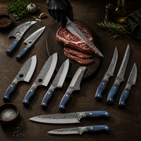 Couteau de boucher robuste et large à lame en acier forgé martelé, manche en bois indigo, lame pleine longueur, étui en cuir, pour découpe primaire
