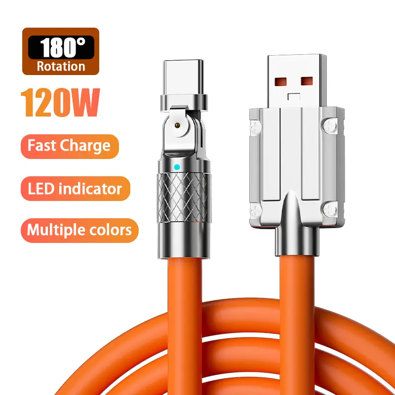 120W 6A siêu nhanh sạc cáp USB để loại C sạc nhanh Kẽm hợp kim Silicone 180 độ Xoay Dây Cáp dữ liệu cho Iphone