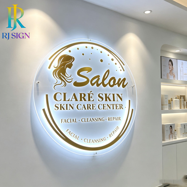 Elegant Custom Circular LED Sign Skin Care Clinic Custom 3D Acrylic Gold Trim Logo Signage for Professional Beauty Salon Brand