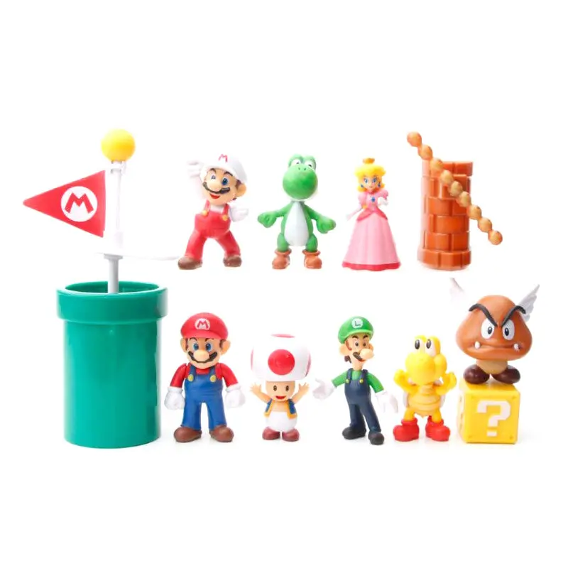 XUX Cartoon 12pcs Action Figures Super Mario Mushroom Man Mario Terminal Flag Doll Cake Decoration giocattoli per bambini all'ingrosso